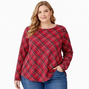 Talbots Shirt Womens XL Red Plaid Long Sleeve Cotton Stretch Tee Top Casual